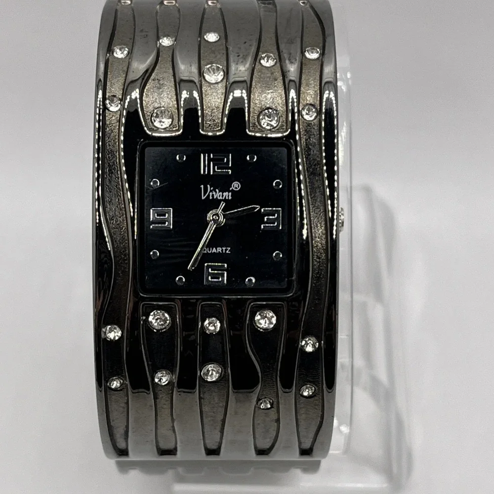 Vivani Women's Bangle Band Quartz Watch Crystal Accent Gunmetal-‎ New Battery